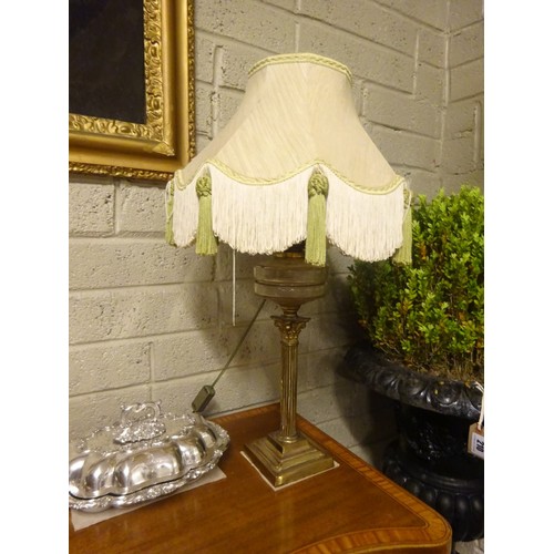 361 - Brass corinthian column oil lamp with clear glass bowl and fabric shade, (electrified).