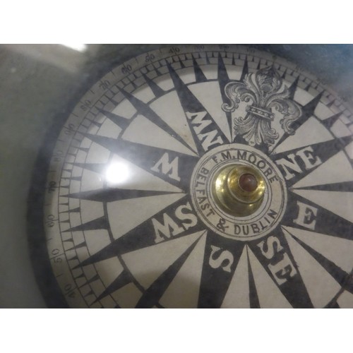 362 - Old ships compass in timber case, F.M. Moore, Belfast & Dublin.