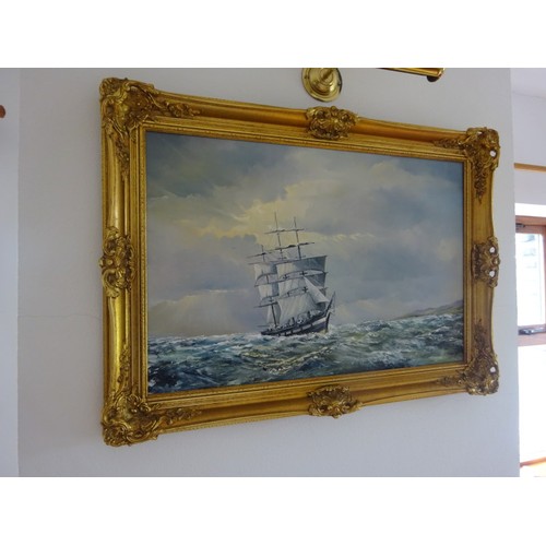 364 - A large gilt framed seascape,
Oil on Canvas,
Signed, W. Yeaman 78.
Overall size - 65cm x 90cm.