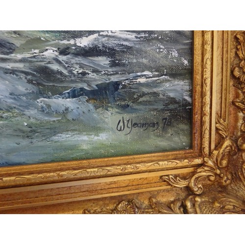 364 - A large gilt framed seascape,
Oil on Canvas,
Signed, W. Yeaman 78.
Overall size - 65cm x 90cm.