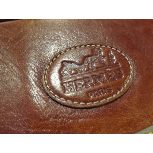 374 - Preowned Hermes leather cross over bag, no logo or stamp inside, some damage to the inside right han... 