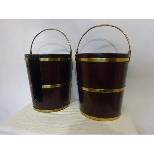 1 - A pair of Irish Georgian mahogany and brass banded peat and plate buckets. H. 43cm, D. 36cm approx. ... 