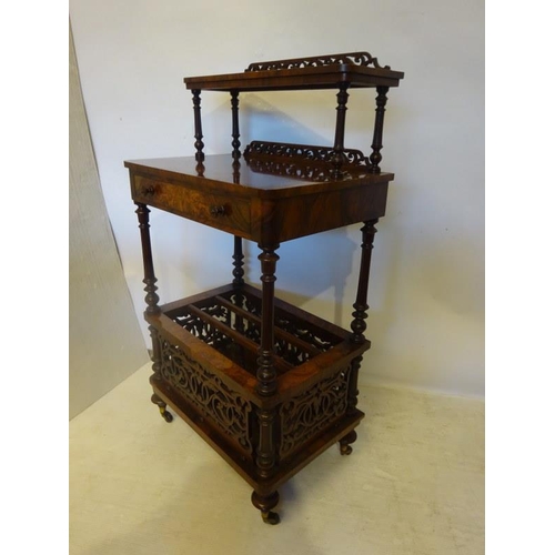 117 - A very good Victorian burr walnut canterbury fitted with a drawer and raised on turned legs.