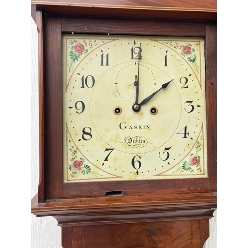 123 - A 19th century inlaid mahogany long cased clock with painted dial, Gaskin, Dublin.