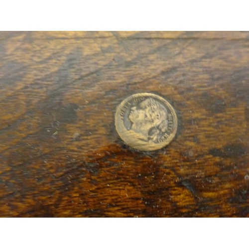 13 - Old timber box, the top insert with coin.