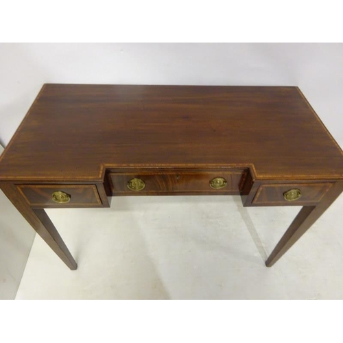 130 - Antique mahogany and satinwood banded side table, the inverted front fitted with three drawers and r... 