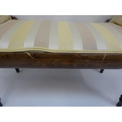 136 - Inlaid rosewood window seat having scroll ends and raised on fluted legs. W. 108cm, H. 70cm, D. 40cm... 