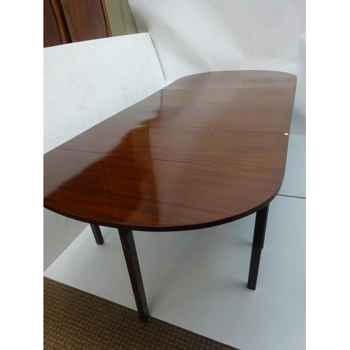 141 - A mahogany D-ended dining table raised on square legs.  260cm x 117cm approx.