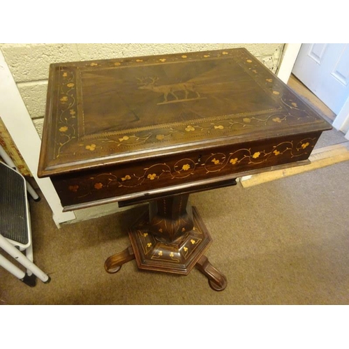 15 - 19th century Killarney wood ladies sewing box, the centre of the lift top inlaid with a deer raised ... 