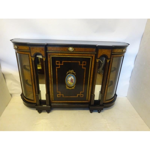 154 - Fine Victorian walnut and ebonized credenza, inset with porcelain plaques and mirrors flanked by cor... 