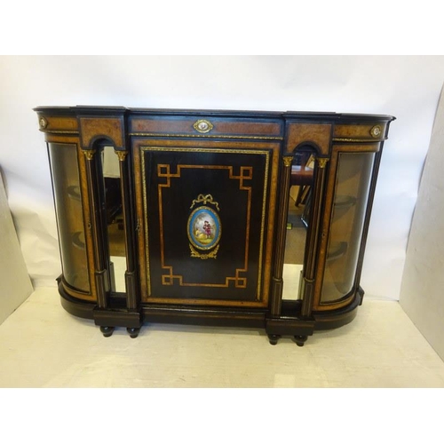 154 - Fine Victorian walnut and ebonized credenza, inset with porcelain plaques and mirrors flanked by cor... 