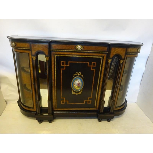 154 - Fine Victorian walnut and ebonized credenza, inset with porcelain plaques and mirrors flanked by cor... 