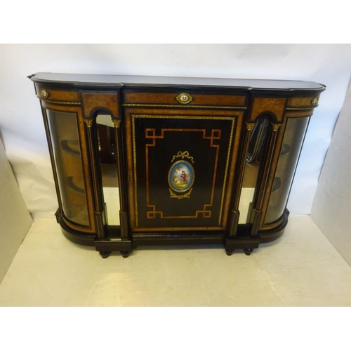 154 - Fine Victorian walnut and ebonized credenza, inset with porcelain plaques and mirrors flanked by cor... 