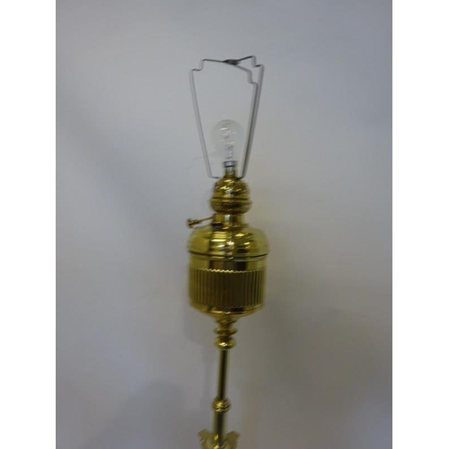 157 - Antique brass adjustable oil lamp electified with shade.