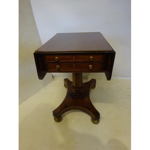 158 - Regency mahogany Pembroke table, the drop leaf top fitted with real and dummy drawers raised on colu... 