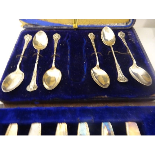 183 - Six mother of pearl handle and plated fruit knives and forks together with a cased set of six decora... 