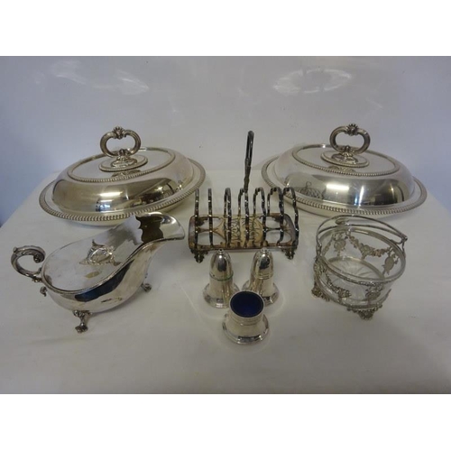 184 - A lot of plated ware - pair of entree dishes, sauce boat, toast rack, condiment set and small bowl w... 