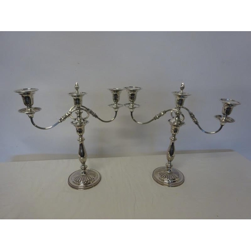 191 - A pair of silver plated table candleabra raised on circular bases with fluted decoration.