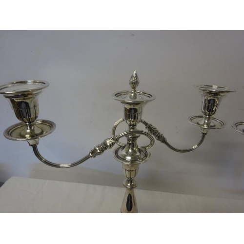 191 - A pair of silver plated table candleabra raised on circular bases with fluted decoration.