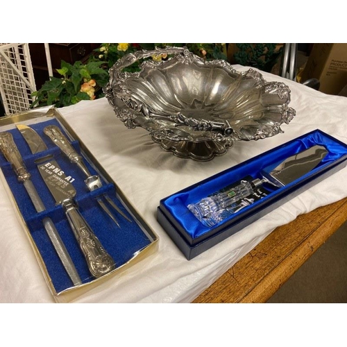 202 - Plated basket with swing handle, Waterford cake slice and an EPNS carving set.