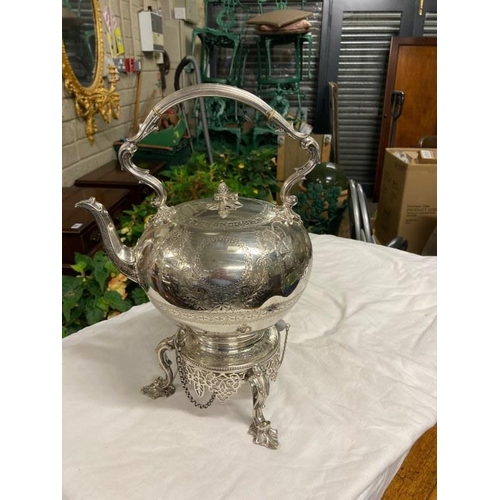 203 - Silver plated spirit kettle on stand.