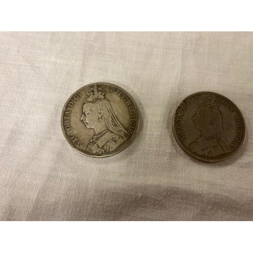 214 - A Victorian silver 5 shilling piece and 4 shilling piece, both 1889. (some damage on the 4 shilling ... 