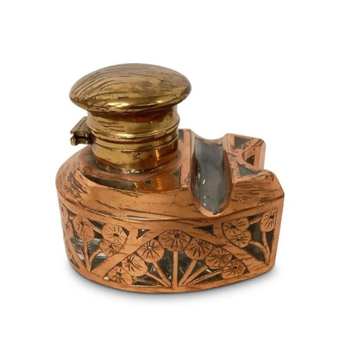 236 - An unusual antique copper and glass desk inkwell.