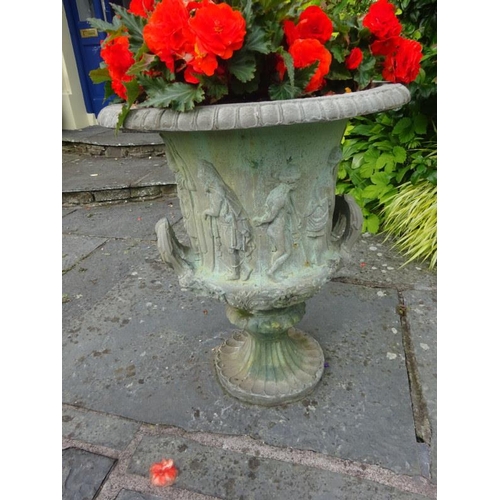 254 - After the antique, a pair of lead simulated decorative garden urns. H. 70cm, Diameter 60cm approx.