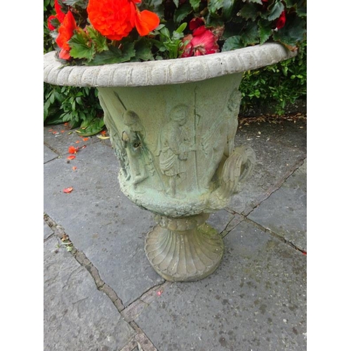 254 - After the antique, a pair of lead simulated decorative garden urns. H. 70cm, Diameter 60cm approx.