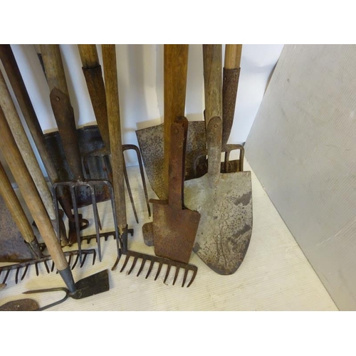 271 - Large quantity of garden implements - spades, forks, rakes, etc.