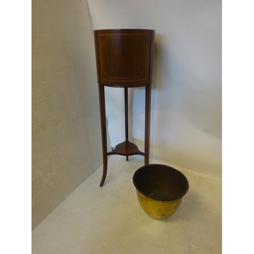 28 - Edwardian inlaid mahogany jardinere stand complete with brass liner. H. 98cm, Diameter 32cm approx.