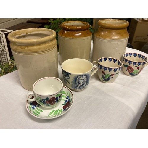 290 - Three old stoneware jars, sponge ware cups, etc.