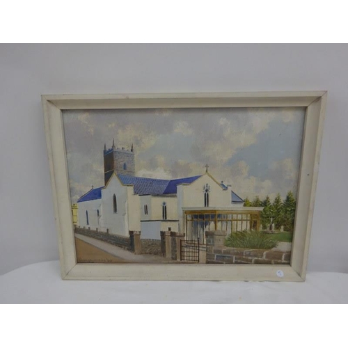 295 - Leon O'Kennedy (1945),
Knock Church, Co. Mayo,
Oil on board,
Signed and dated 1960,
Overall size 49c... 