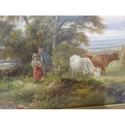 304 - John Joseph Barker of Bath 1824- 1904,
Children and Cows by a stream in a landscape,
Signed lower le... 