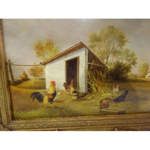 305 - V. Baird,
Hens and a corkerel by an old barn,
Oil on panel,
18cm x 24cm approx.