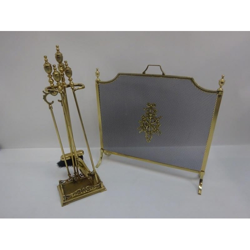 316 - Brass companion set together with a brass firescreen.