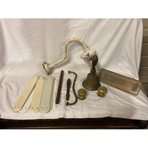 333 - Boxed lot - Old outside light, brass bell, letterbox, door plates and part wig stand.