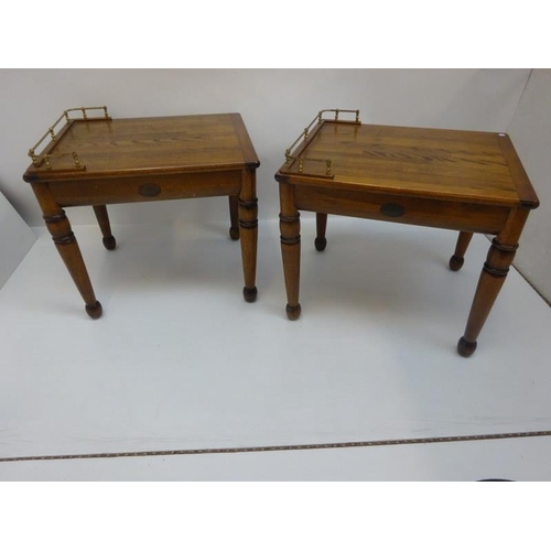 340 - A pair of oak lamp tables having brass gallery and each fitted with a drawer. Golden Gate Clipper, S... 