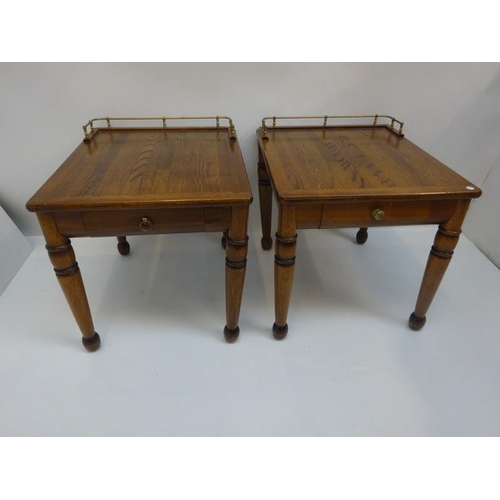 340 - A pair of oak lamp tables having brass gallery and each fitted with a drawer. Golden Gate Clipper, S... 