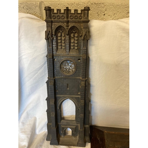 341 - A 19th century heavy metal clock tower in the Pugin style, the clock with single fusee movement. Clo... 