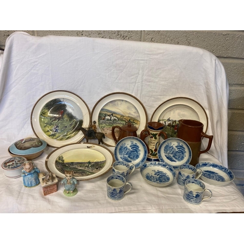 344 - Boxed lot of assorted china ware and pottery - Lionel Edward plates, Beatrix Potter figures, etc.