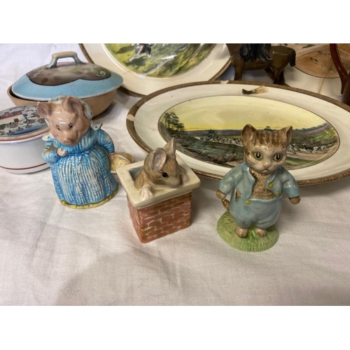 344 - Boxed lot of assorted china ware and pottery - Lionel Edward plates, Beatrix Potter figures, etc.