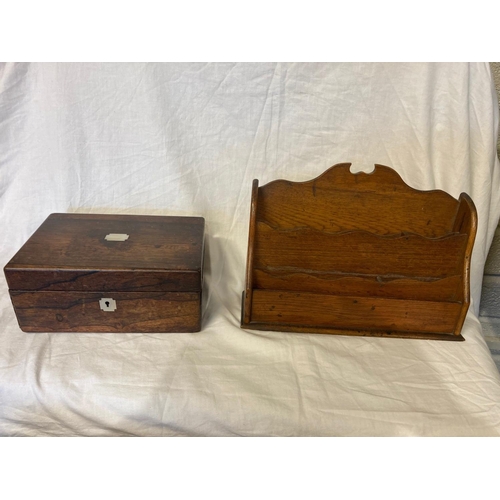 351 - 19th century rosewood box and oak letter rack.