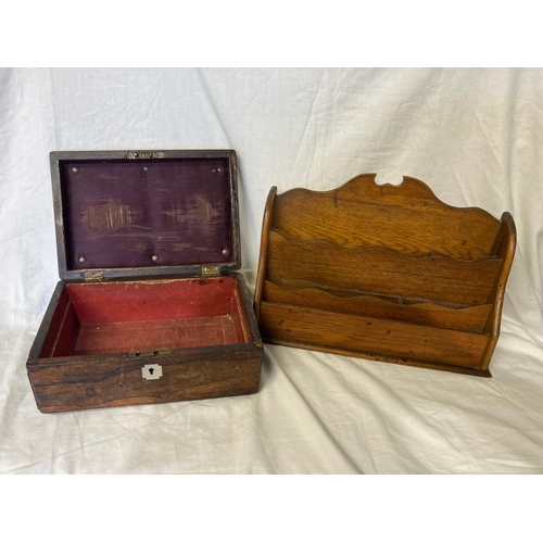 351 - 19th century rosewood box and oak letter rack.