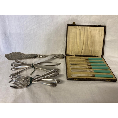 352 - Quantity of fish cutlery and a cased set of butter knives with green handles.