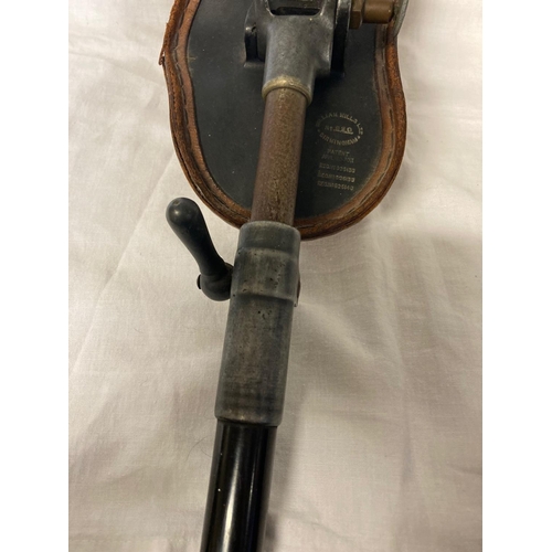 353 - Good antique telescopic shooting stick with leather seat by William Mills of Birmingham.