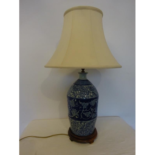 36 - Two blue china lamps and shades.