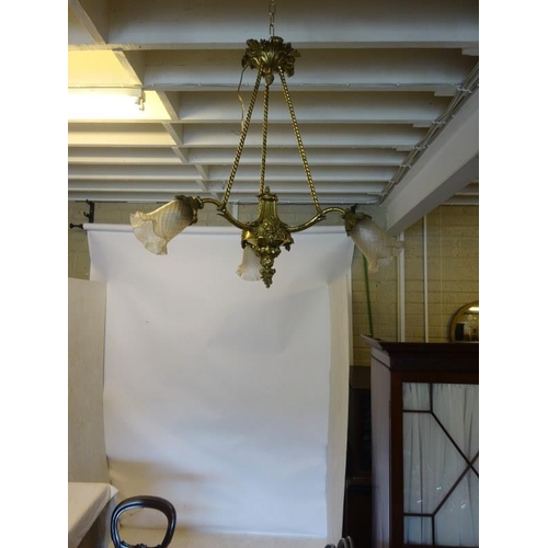 89 - Good antique brass three branch chandelier with frosted glass shades.