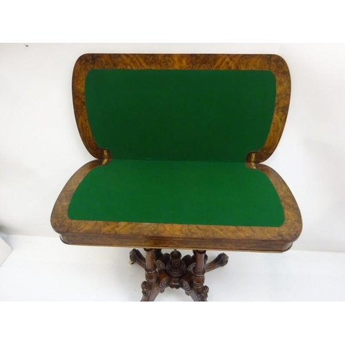 3 - A good Victorian inlaid walnut fold over card table. W. 90cm, D. 46cm, H. 77cm approx.