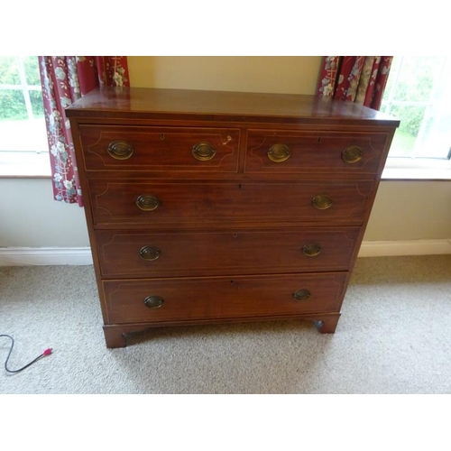 328 - Late Georgian inlaid mahogany chest of two short and three long drawers raised on bracket feet. W. 1... 